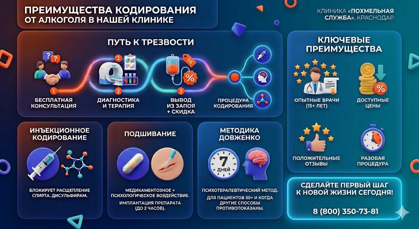 Инфографика о методах кодирования от алкоголя в Совхозном: инъекции, подшивание, метод Довженко. Преимущества клиники и этапы лечения.
