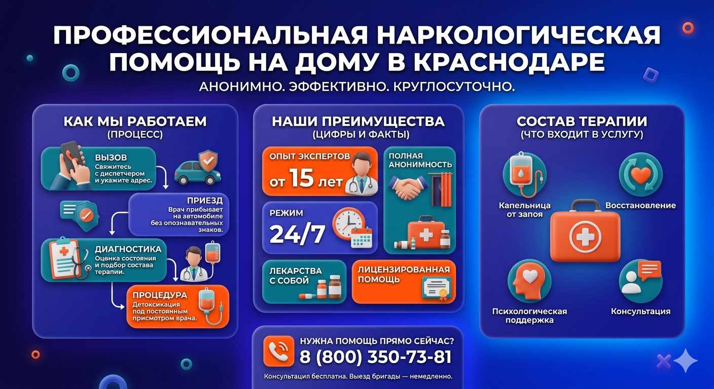 Инфографика о принципах лечения алкоголизма на дому в Совхозном: этапы вызова нарколога, преимущества анонимной детоксикации и состав медицинской помощи.